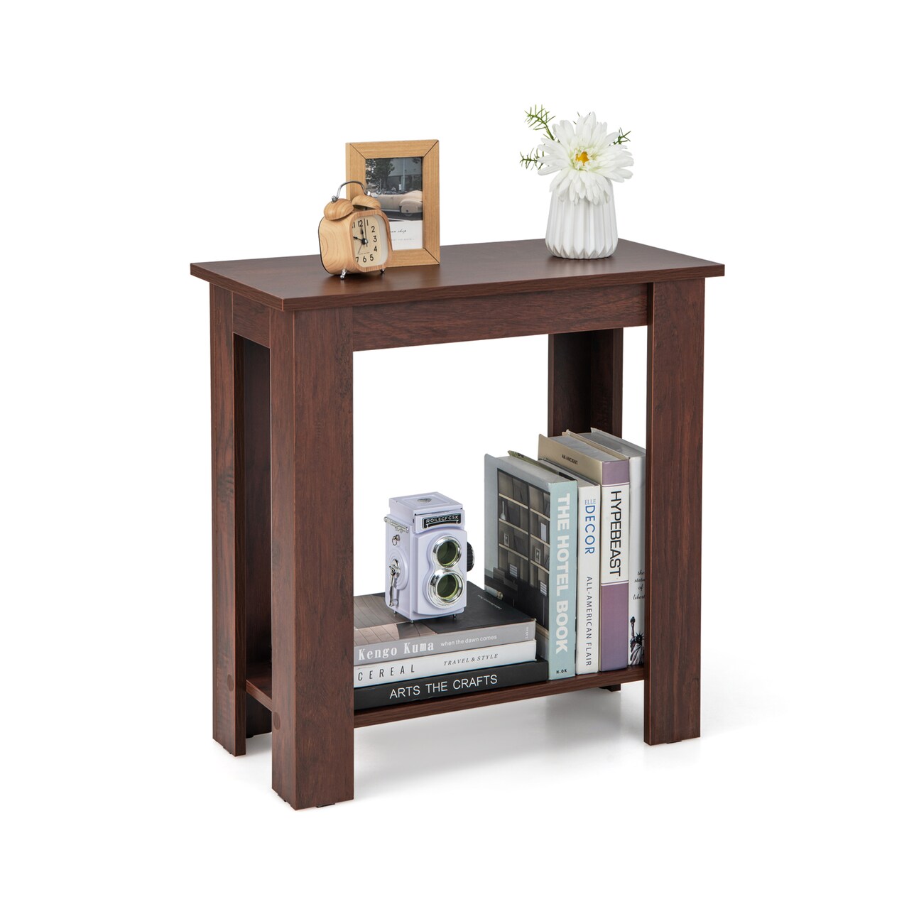 Modern 2 Tier Brown Wooden End Table with Storage Shelf for Living Room or Bedroom